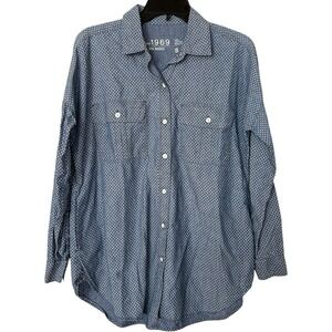 Gap Womens S Button Down Shirt‎ Blue Polka Dot 100% Cotton Chambray Long Sleeve